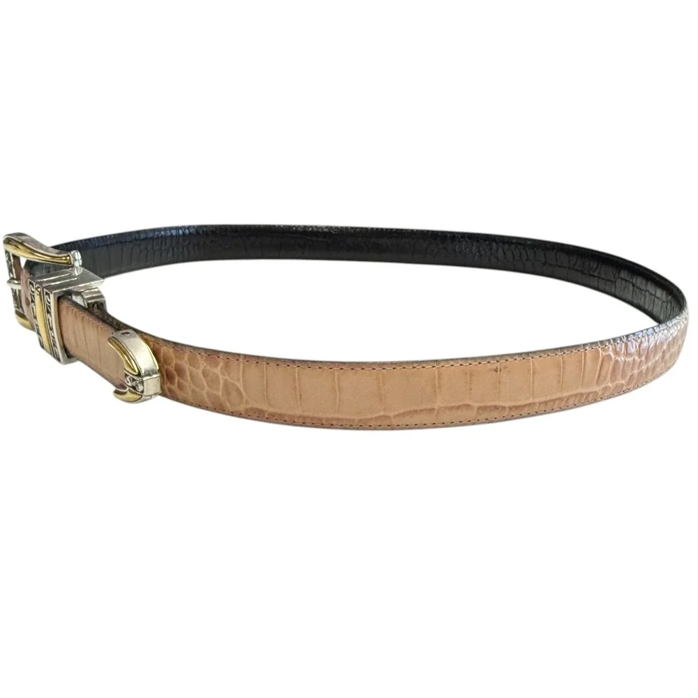 Brighton Womens Reversible Black Tan Belt Embossed Leather Silver Gold Buckle XL